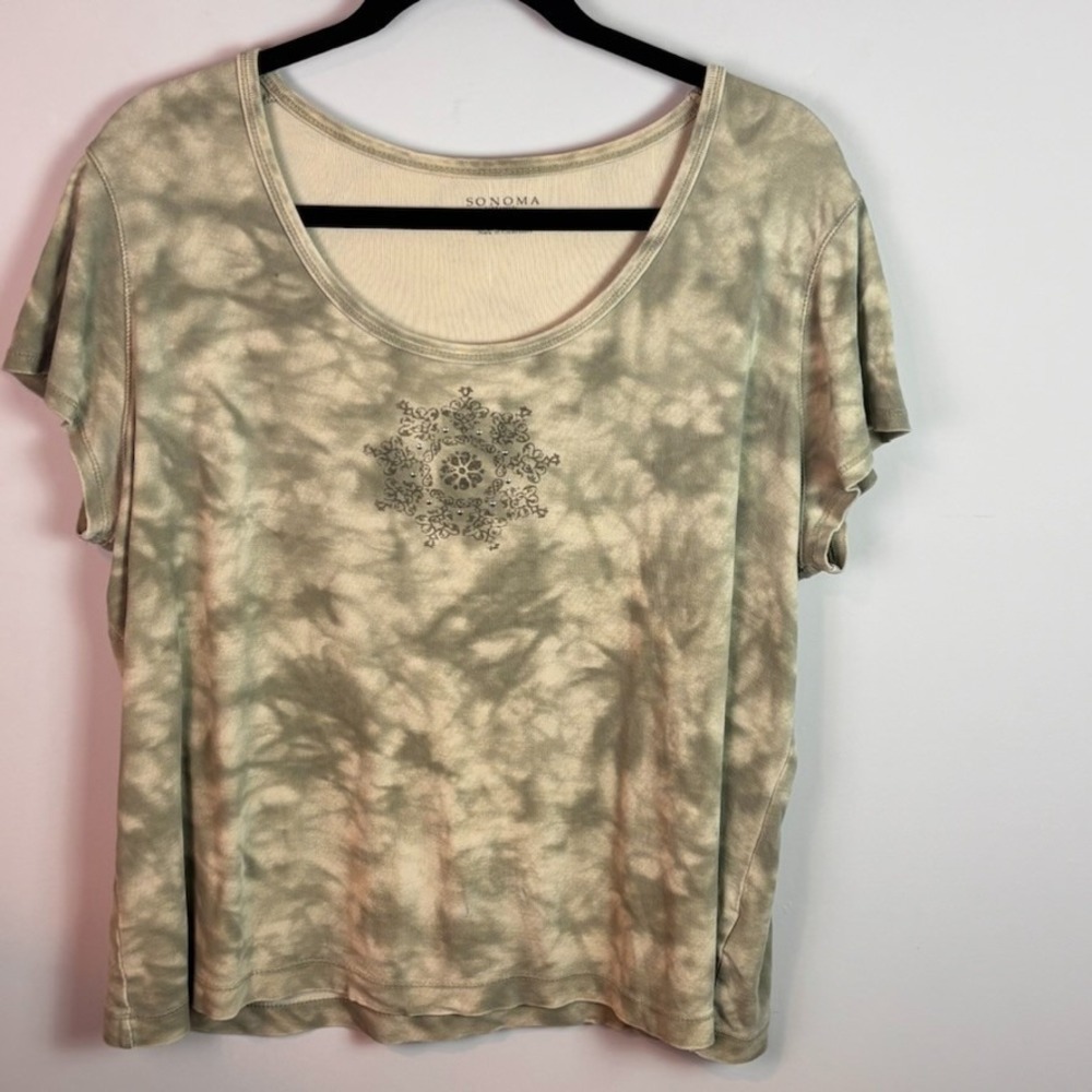 Sonoma Womens Y2K Green Tie-Dye Medallion Studded Graphic Tee sz XL 100% Cotton